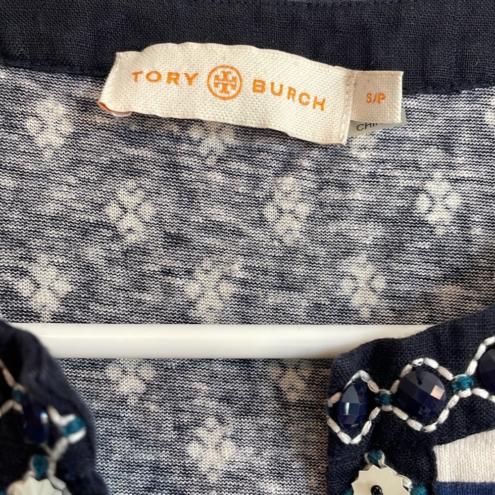 Tory Burch Striped Embroidered Linen Top - Picture 3 of 11